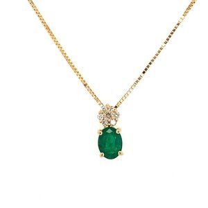 Oval Green Emerald Diamond Flower 14K Yellow Gold Pendant on a 18" Box Chain